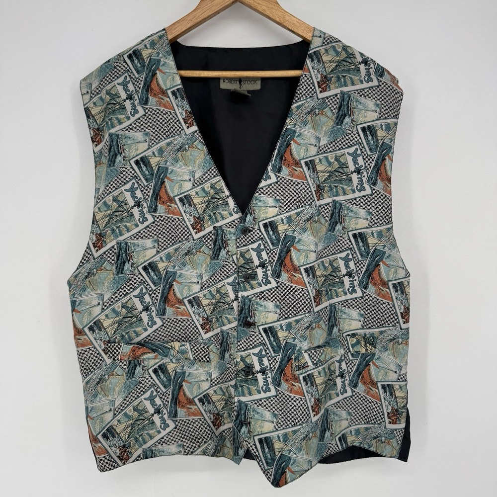 Robert Stock Silk Vest Novelty Yachting Vintage Men's‎ Size XL Sleeveless V-Neck
